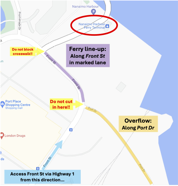 Map of the Gabriola ferry lineup on the Nanaimo side